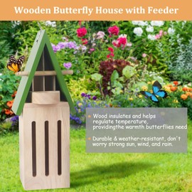 Butterfly House, Wildlife World Butterfly House with Feeder, Butterfly House Shelter Hotel Natural Wooden Butterfly House with Hooks for Hanging Gardens Outside