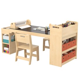 SFDOU Espresso Surface 50.4inx 24in Kids Craft Table with 6 Portable Art Gray Fabric Dressers,Kids Art Table and Chair Set with Paper Roll Dispenser,Drawing with Large Storage Desk for Kids