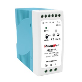ReleyWell, MDR-60-12 DIN Rail Power Supply 12 V, 60 W, 5 A; Transformer 230 V to 12 V LED, DIN Rail, 12 Volt Power Supply, Bell Transformer, ReleyWell, MDR-60-12