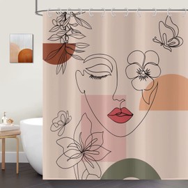 ASDCXZ Boho Shower Curtain 180 x 180 cm, Modern Abstract Art Girl with Face Flower Leaves Rose Bathroom Washable Shower Curtains Polyester Textile Waterproof Shower Curtain for Bath with 12 Hooks