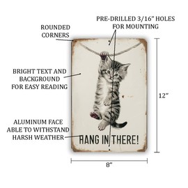 MRC Wood Products Vintage-Style Hang In There! Metal Sign- Cute Kitten Hanging from a Rope - Distressed Rustic Decor