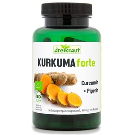 Dreikraut Turmeric Forte Bio, Turmeric + Curcumin 95% + Piperin, 160 x Vegan Capsules, 465 mg each, German Production, Balanced Formula, Free from Additives, Residue-Tested