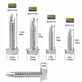 160Pcs #8 1/2" 3/4" #10 1" 1-1/2" Hex Washer Head Self Drilling Screws, 410 Stainless Steel Metal SheetScrews，TEK Screws, Self Drilling Screws, Self Tapping Screws,Sheet Metal Screws