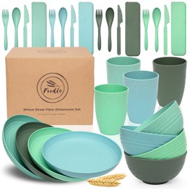 FOODLE Wheat Straw Dinnerware Set - BPA Free & Safety Tested - Microwave & Dishwasher Safe Dishes - Perfect for Camping, Picnic, RV, Dorm - Plates, Cups and Bowls - Great for Kids & Adults - For 4