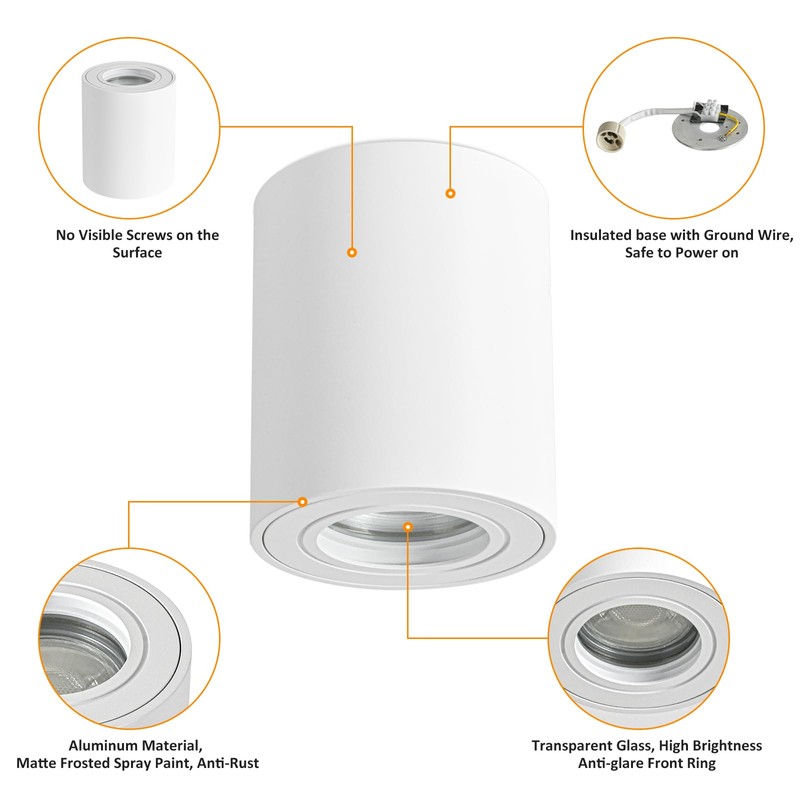 Gleonlux Ceiling Spotlight IP44 White GU10 Surface-Mounted Spotlights Flat Surface-Mounted