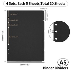 SUPERFINDINGS 20 Sheets 5-Tab Binder Dividers 11-Hole Paper Binder Dividers 29.8x22.1cm A4 Notebook Index Dividers with Tabs Black Write-On Dividers for Notebook Folders Schedules