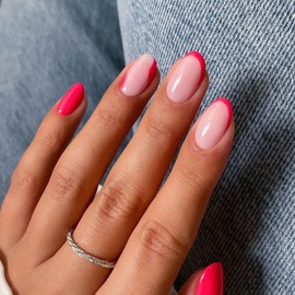 Short Almond Press on Nails Hot Pink OFDNE French Tip Fake Nails Swirl Designs False Nails Full Cover Solid Colour Stick on Nails Glossy Glue on Nails Acrylic Nails for Women Girls 24 Pcs