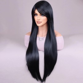 WTHCOS Long Black Wigs for Women Girls Long Straight Wig With Oblique Bangs Black Wig Heat Resistant Synthetic Wigs for Cosplay Costume Party