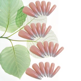 24Pcs Sparkly French Tips Press on Nails Gel Glue on Nails for Manicure Art. Glossy Silver Glitter Acrylic False Nails With French Design. Long Stiletto Full Cover Fake Nails Stick on Nails for Women