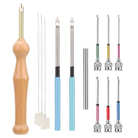 Fomiata 12 Pieces Embroidery Starter Kit Punch Needle Set Adjustable Punch Needle Tool Wooden Handle Embroidery Pen Punch Needle Fabric Punch Needle Set (12)