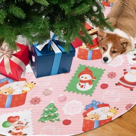 48 inches Pink Christmas Tree Skirt, Pink Santa Claus Christmas Tree Pattern Xmas Tree Skirt Christmas Decorations for Party Indoor Christmas Tree Decoration