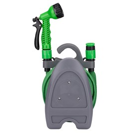 Kinzo Manguera de jardín flexible de 10 m, incluye accesorio y soporte de pared, manguera de jardín con cabezal pulverizador con 7 modos de pulverización, plástico, color verde y gris
