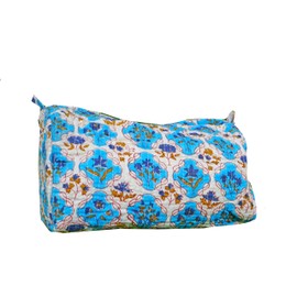 1 Indian Handmade Cotton Quilted Handmade Floral Hand Block Print Toiletry Bag,Cosmetic Pouch Bag Makeup Bag For Women, Blue and Gray, Indian
