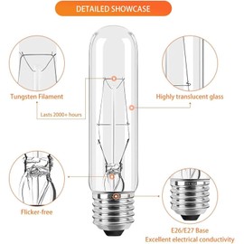 Tiqian 10-Pack 40W T10 Incandescent LED Light Bulbs, Warm White,Dimmable Clear Glass Edison Vintage Bulbs for Chandeliers, E26 Base, 2700K, Desk Lamps, Curio Cabinets, Aquariums, and Pendant Lighting