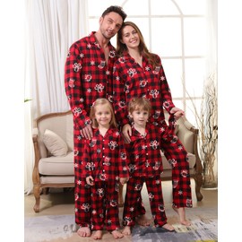 SOLOYEE Family Christmas Pyjamas Set Matching Family Button Up Pyjamas, Matching Pjs for Couples Kids Christmas Checked Nightwear Sleepwear (Red for Women, XL)
