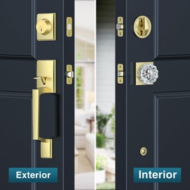 Satin Brass Front Door Handle and Deadbolt Set, Front Door Lock Set with Crystal Glass Door Knob, Exterior Door Lock Set with Single Cylinder, Reversible for Right & Left, Gold