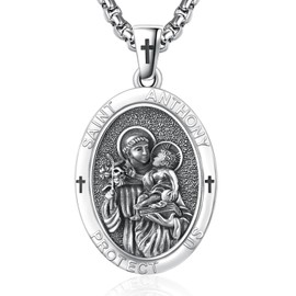 QCFL Saint St Anthony Medal Necklack For Men Sterling Silver Saint Anthony Jewelry Religious Protection Jewelry Catholicism Religious Gifts For Men Husband Dad Son