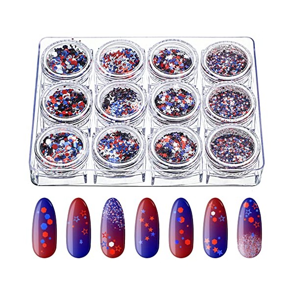 12 Boxes 4th of July Nail Glitter Independence Day Star Nail Sequins Holographic Red Blue Mixed Star Hollow Hexagon Circle Nail Decal 3D for Women Girl Nail Eye Face Body Decor (Vivid Style)
