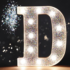 Pooqla LED Marquee Letter Lights, Light Up Silver Letters Glitter Alphabet Letter Sign Battery Powered for Night Light Birthday Party Wedding Girls Gifts Home Bar Christmas Decoration, Silver Letter D