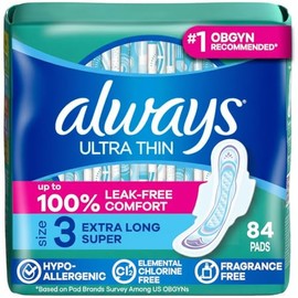 Always Ultra Thin Feminine Pads for Women, Size 3, Extra Long, Super Absorbency, with Wings, Unscented, 28 Count - Pack of 3 (84 Count Total) (...    