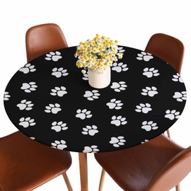 Guxxuil White Footprints Round Tablecloths Elastic Edged Cat Dog Animal Animal Paw Black Tablecloths Washable Reusable Tablecloths for Kitchen Picnic Party 40-44 inch