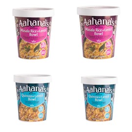 Aahana's Bombay Masala Rice & Lentil | Madras Quinoa & Lentil Bowl – Vegan Food, Gluten Free, Plant-Based Meals, Ready to Eat Indian Meals | Vegetarian Food, Just Add Water, No Refrigeration (4 Pack)