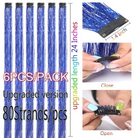 CelineBella Clip In Tinsel Hair Blue Sparkly Hair Strands for Girls 24 Inch 80 Strands/Pcs Heat Resistant Blue Tinsel Hair for Party Festival Gift