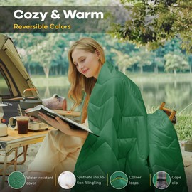 UNIKOME Outdoor Packable Camping Blanket, Lightweight Travel Blanket Waterproof Warm Camping Blanket for Hiking, Camping, Puffy Down Alternative Camping Blanket with Corner Loops, 75"×52", Green
