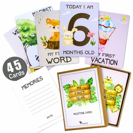 Pikaflor 45 milestone baby cards for boys and girls (cute animals english) milestone cards set + gift box + nice gift for birthday, christening and baby shower