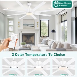 YITAHOME 72 Inch Ceiling Fans with Lights and Remote Control for Indoor/Covered Outdoor, Reversible Quiet DC Motor, 8 Blades with 6 Speed, Modern Ceiling Fans for Living Room -White
