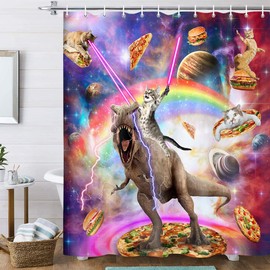 Funny Cat Shower Curtain, Cool Cat Riding Dinosaur on Fantasy Galaxy Space Shower Curtain, Cute Hilarious Outer Universe Anime Fabric Boys Girls Shower Curtain for Bathroom with 12PCS Hooks, 36X70IN