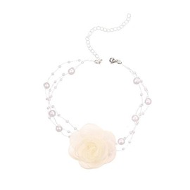 Rose Flower Pearl Choker Necklace Boho Layered White Black Artificial Lace Camellia Flowers Floral Rosette Fabric Fairy Collar Necklace for Women Wedding Bridal Prom Party Christmas Trendy Jewelry Gifts (Beige)