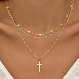 Wedity Cross Necklace Pearl Collar Chain Layered Cross Pendant Necklaces Simple Cute Necklaces Jewelry for Women (Gold)