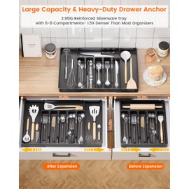 Freyvora Silverware Drawer Organizer Tray, Expandable Utensil Organizer Food Grade for Kitchen Flatware And Cutlery, Plastic Silverware Holder for Spoons Forks Knives, Large, Black