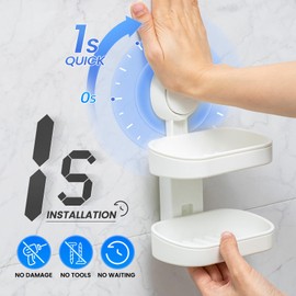 TAILI Double Layer Suction Soap Dishes for Bathroom, Max Hold 5 KG Soap Holder Bar for Shower, Wall Mounted, Drill-Free, Removable Plastic Soap Case with Drainage, Sponge Holder - White