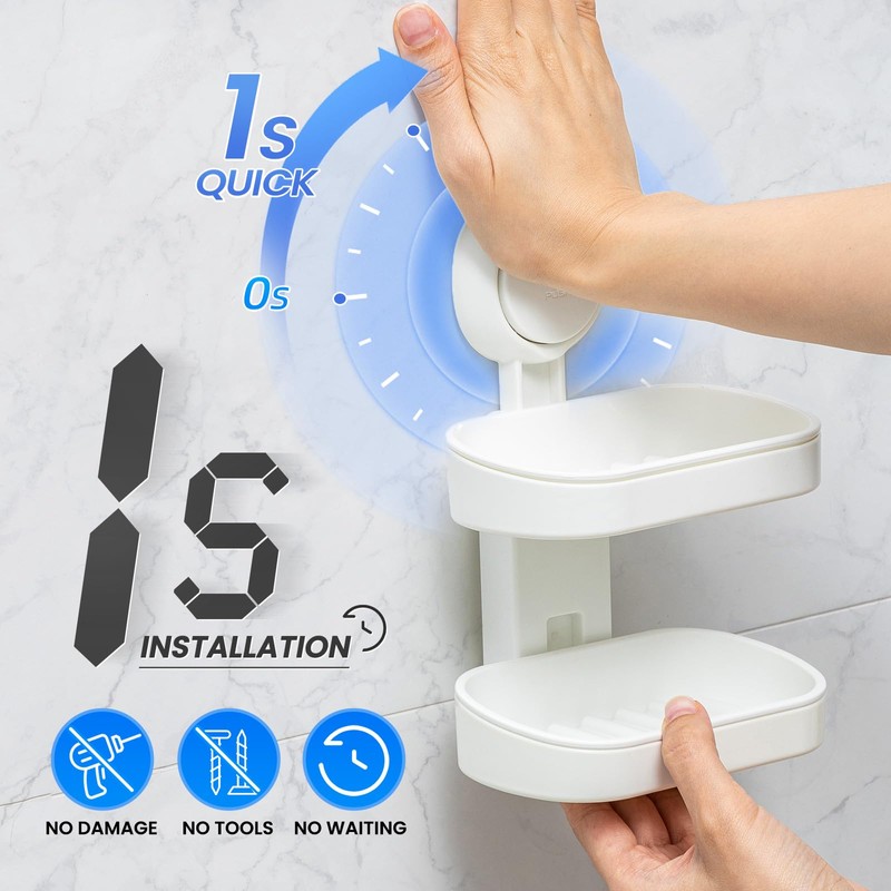 TAILI Double Layer Suction Soap Dishes for Bathroom, Max Hold