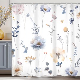 Omifly Watercolor Floral Shower Curtain,Spring Blue Beige Flower Print Bathroom Curtain,Boho Shower Curtains for Bathroom,Waterproof Fabric Washable Shower Curtain Set with 12 Plastic Hooks, 72x72
