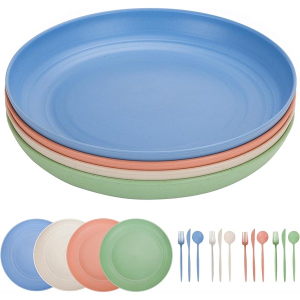 Large Dinner Plates, 25 cm/10 Inch Plates and Knives Fork Spoons 16 Pieces Camping Unbreakable for 4 People Plastic Tableware Set Picnic Plates