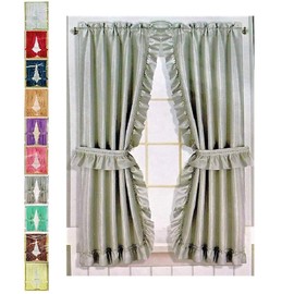 Better Home Ruffled Fabric Window Curtain Set, Mosaic - 2 Tie Backs - Adhesive Hooks (Grey)
