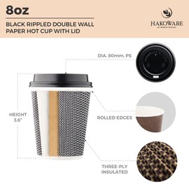 [150 SET]Harvest Pack 8 oz Disposable Coffee Cups, Insulated Ripple Double-Walled Paper Cup with Lid, Black and White Geometric, Tea Hot Chocolate Drinks To go coffee cups