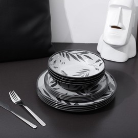 Lechoo 12pcs Melamine Dinnerware Set - Service for 4 Melamine Plates and Bowls Set, Unbreakable Dinner Salad Dessert Plate, Cereal Bowl Set for Indoor/Outdoor, Gray Leaf