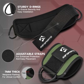 AQF Ankle Straps for Cable Machines Attachment - Neoprene Padded Gym Wrist Cuff Legs Extensions Curls, Kickbacks, Weightlifting Hip Abductor, Abs, Glute Workout (Military Green, Pair)