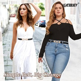 LEACOOLKEY 2 Pieces Women Skinny Elastic Belt for Dresses,Thin Retro Stretch Waist Belt with Golden Buckle （Black+Brown，Fits waist size 34"-39"）