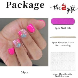RUNRAYAY French Tip Press on Nails Short Coffin Fake Nails Summer False Nails Designs Pink Cute Flower Acrylic Nails White Nail Tips Stick on Nails for Women Girls 24 Pcs