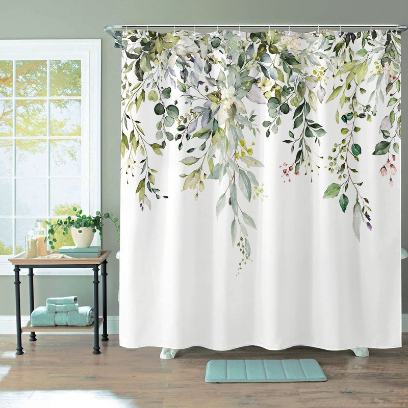 kampdream Green Eucalyptus Plant Shower Curtain, Watercolor Leaves On The