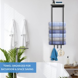 HOTNIU Towel Rack Wall Mounted Bathroom Towel Holder for Rolled Towels Upgraded Black Metal Towel Storage Organizer with Shelf and Removeable Hook
