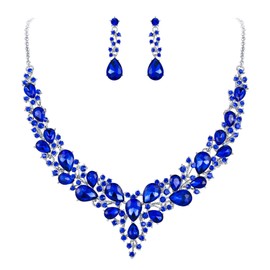 BriLove Wedding Women's Bridal Jewelry Set Austrian Crystal Teardrop Cluster Statement Necklace Dangle Earrings Blue Silver-Toned