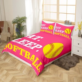 Feelyou Softball Bedding Set for Girls Boys Kids Ball Sports Theme Comforter Cover Set Bright Pink Yellow Room Decorative Duvet Cover Softball Lover Bedspread Cover Queen Size 3Pcs Bedclothes