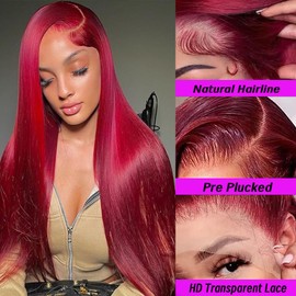 ROLKISA 99j Burgundy Lace Front Wigs Human Hair 20Inch 13x6 HD Transparent Lace Straight Red Wig Human Hair Colored Reddish Brown Lace Frontal Wigs Human Hair 180% Density Pre Plucked With Baby Hair