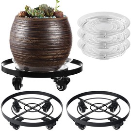 3 Packs Metal Plant Caddy 10.6” Plant Dolly with Wheels Heavy Duty Wrought Iron Rolling Plant Stand with Casters for Indoor and Outdoor Plant Pot Rollers Black, Plastic Saucers Included